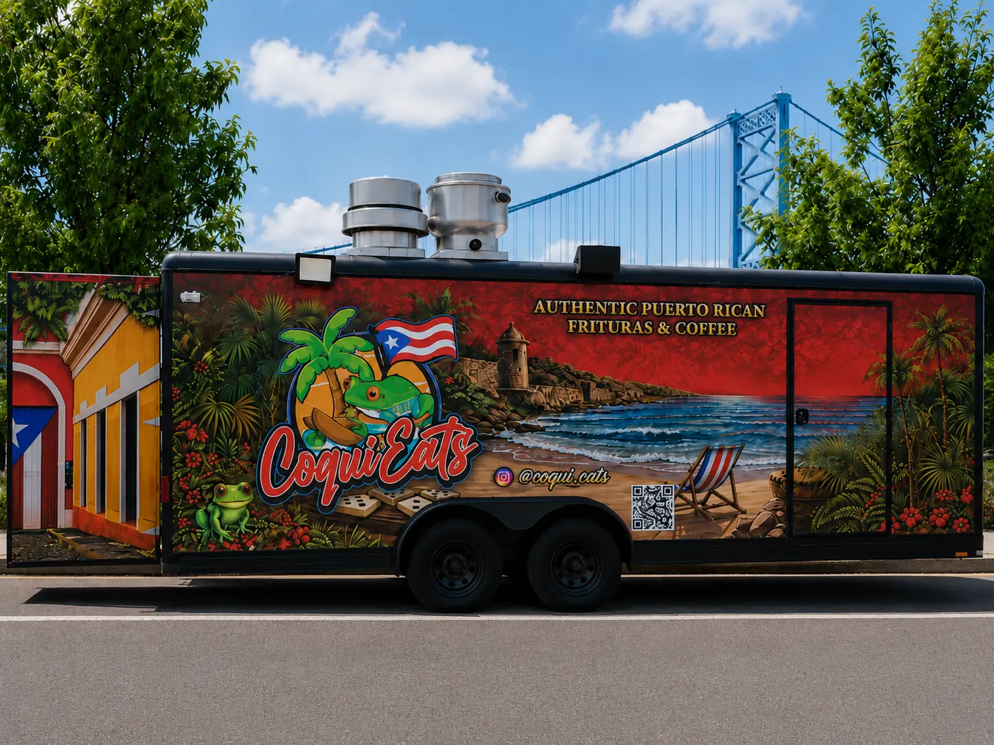 CoquiEats hand-painted food truck with the Benjamin Franklin Bridge in the background