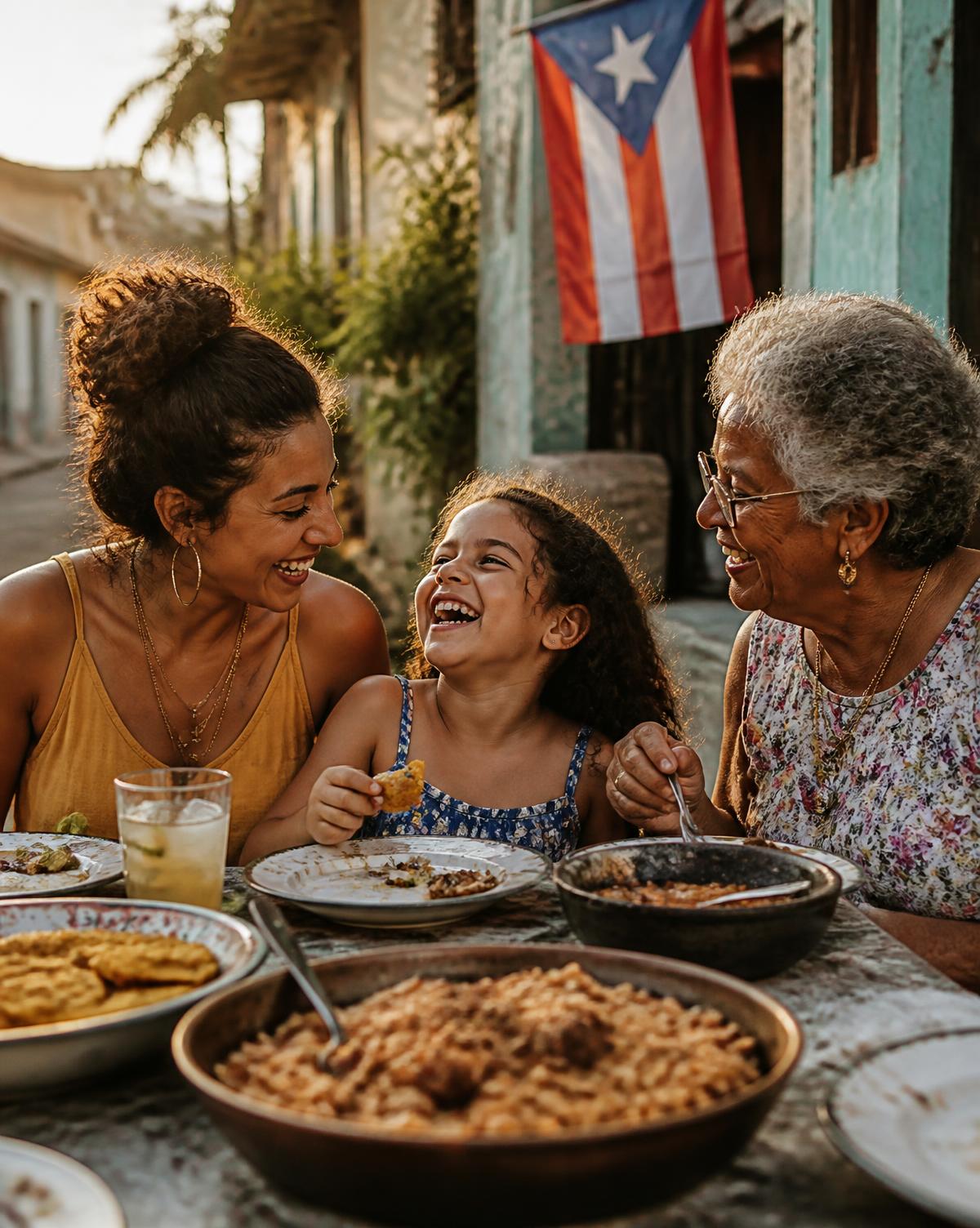 Three generations of a Puerto Rican family laughing over a shared table of food